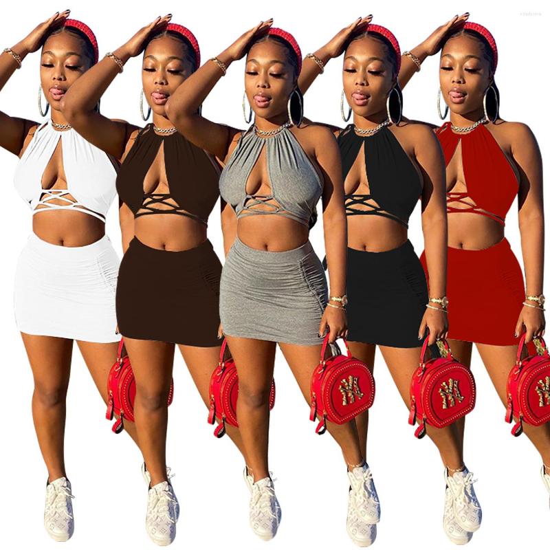 

Work Dresses Sexy Two Piece Set Women Sets Evening Party Summer Hollow Out Women' Halter Sleeveless Crop Top Short Skirt, Black