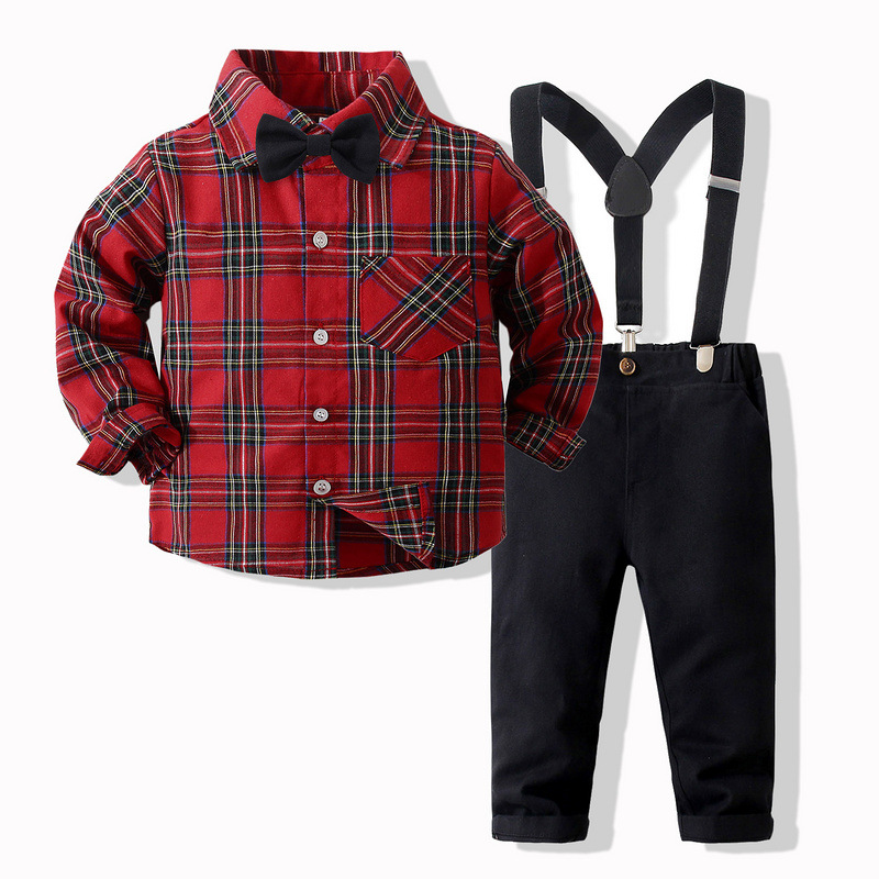 

Boys Clothing Sets Springs Autumn New Kids Boys Long Sleeve Plaid Bowtie Tops Suspender Pants Casual Clothes Outfit, Red