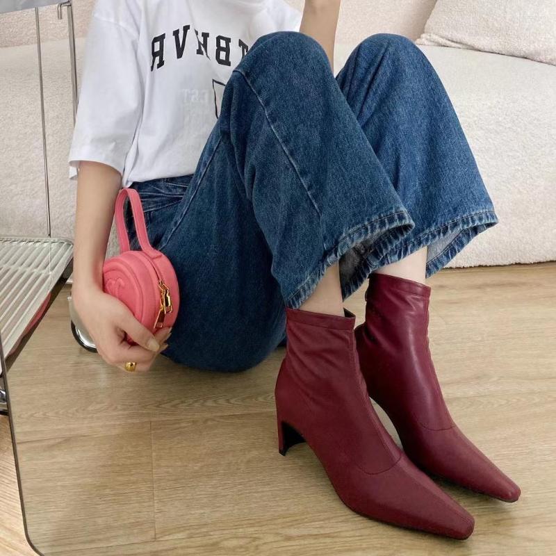 

Boots Pointed Toe Women Ankle Sock Botas Thick High Heels Back Zipper Stretch Shoes Black White Red Party Pumps Dress 39
