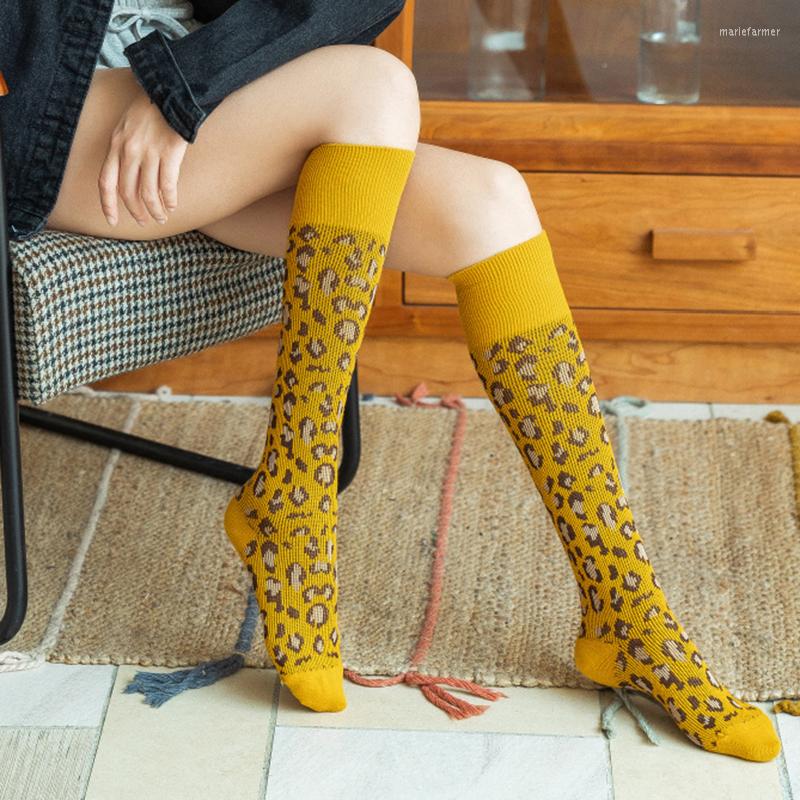 

Women Socks Leopard Knee Ins Fashion Party Knee-high Stockings Over Thigh Long Ladies Girls Warm High Quality, Turmeric