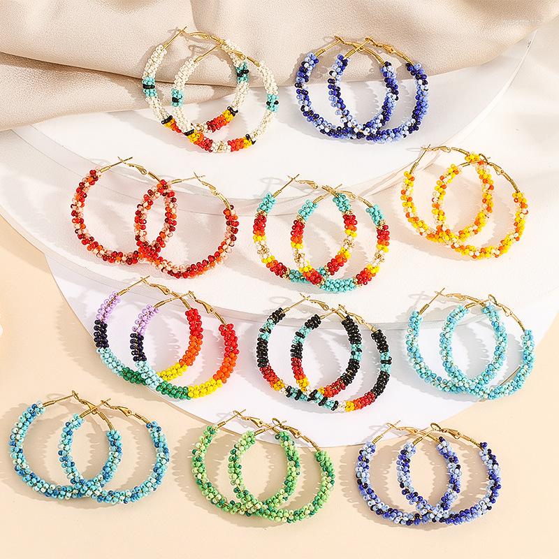 

Dangle Earrings Big Circle Hand Knitting Beaded Simplicity Rainbow Twining Bohemia Geometry Alloy Ma'am Rice Bead