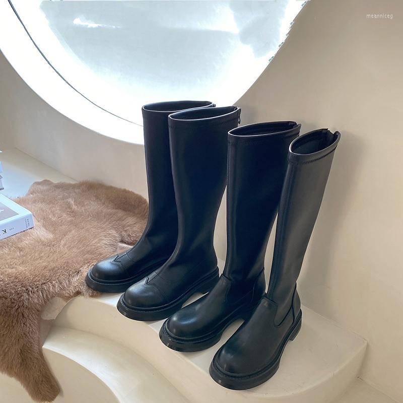 

Boots Fashion Women Knee High Round Toe Black Cool Knight Booties Back Zipper Stretch Shoes Platform Heeled Winter Autumn Botas, Black 1