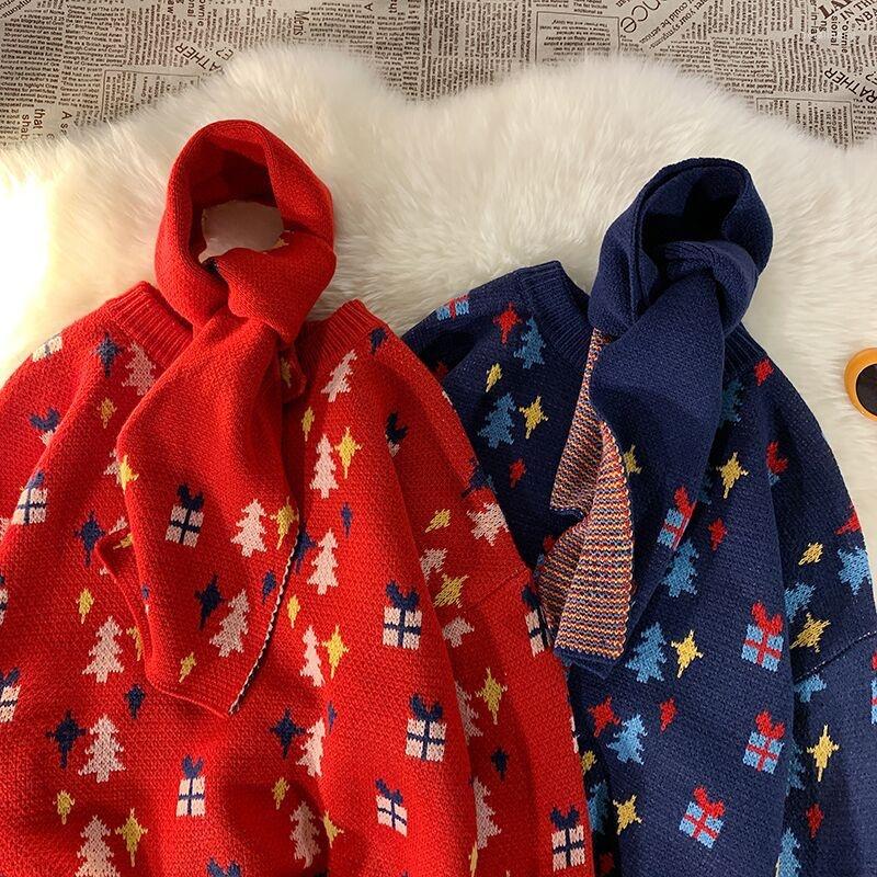 

Men's Sweaters Fashion Christmas Scarf Men Winter Autumn O Neck Pullovers Oversized Knitted Sweater Casual Couple Jumper Tops, White with scarf