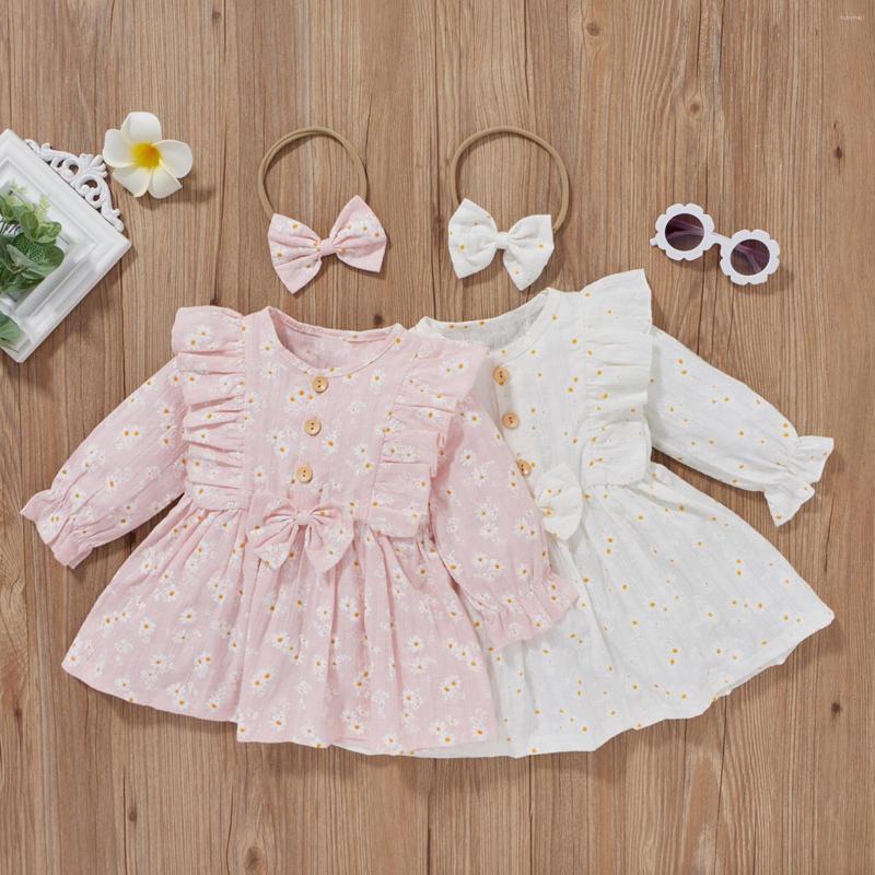 

Girl Dresses Spring Fall Baby Round Neck Long Sleeve Dress Bow Headband Ruffle Decorated With Daisy Print Sweet Cute Clothing, Pink