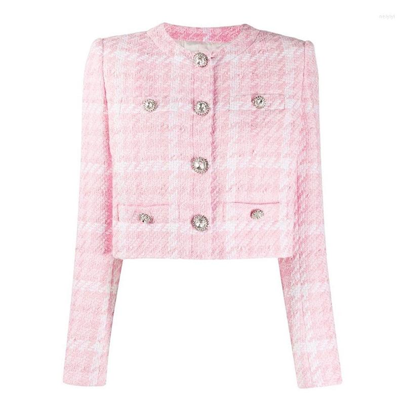 

Women' Jackets 2022 Autumn / Winter High Setting Fabric With Diamond Button Small Fragrance Pink Plaid Wovenacket Coat