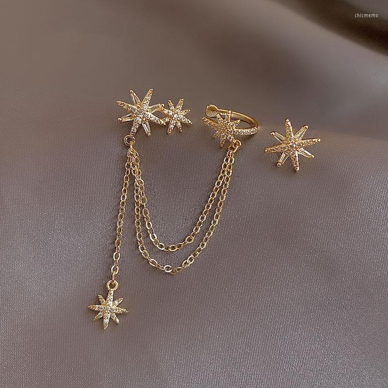 

Backs Earrings 14K Real Gold Plating Fashion Jewelry Zircon Starlight Asymmetrical Tassel Ear Clamp Unusual Women's Banquet