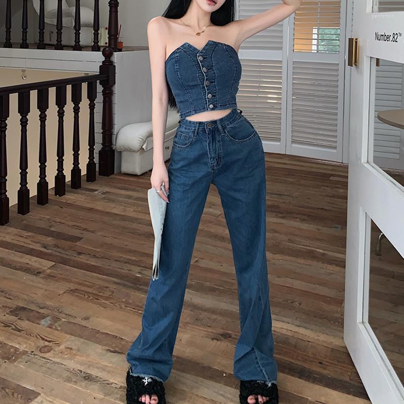 

Women' Two Piece Pants Women' Sexy Skinny Denim 2 Pant Set Women Strapless Sleeveless Crop Top Matching Pencil Trousers Suit Vintage, Deep blue