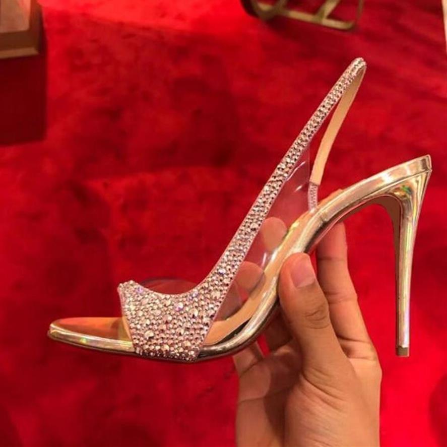 

Sandals Luxury Crystal Embellished Slingback Peep Toe Clear PVC Patchwork Dress Shoes Gold Black Thin Heels Party Wedding275y