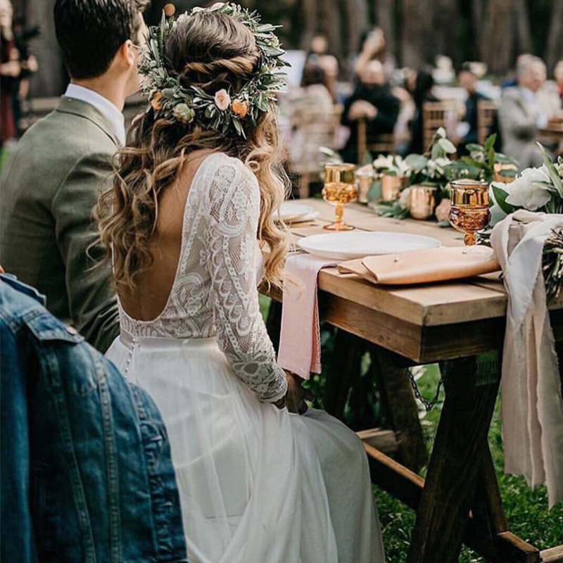

Beach Wedding Dress With Long Sleeves Vestido de noiva Vintage Lace Top Chiffon Skirt Boho Bridal Dresses Sweep Train, Custom made from color chart