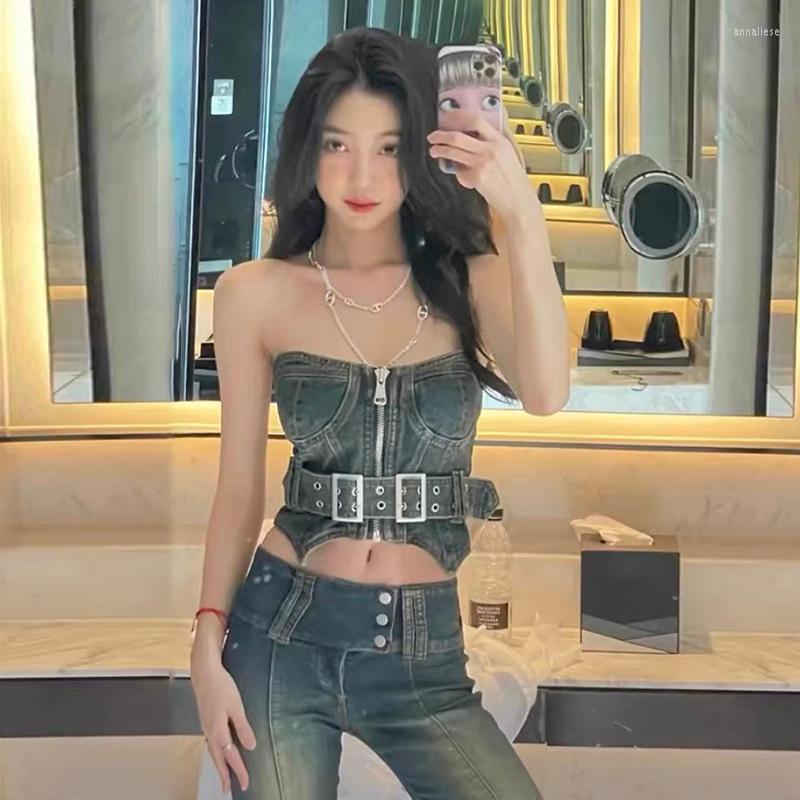 

Women' Two Piece Pants Summer Denim Clothing Women Sexy Slim Zipper Up Tube Tank Wide Leg Jean Pant Sets 2 Fashionable Streetwear, Blue