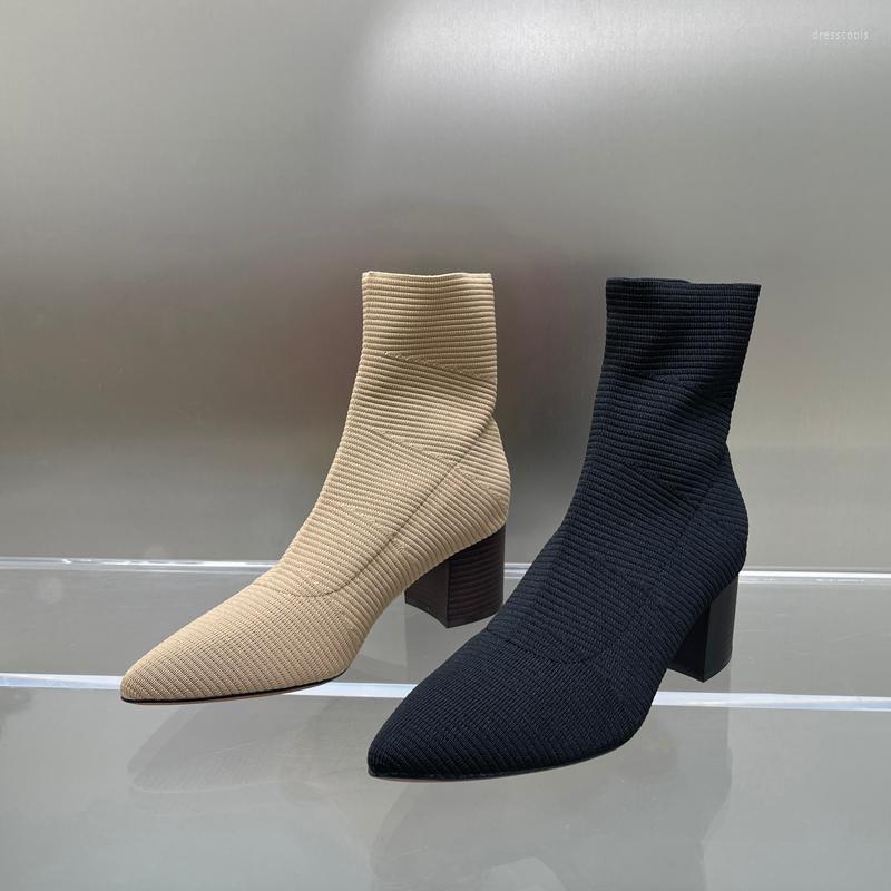 

Boots Pointed Toe Women Ankle 2022 Arrivals Flat Mid Heels Knitting Stretch Shoes Woman Size 35-39 Sock Booties Black Beige