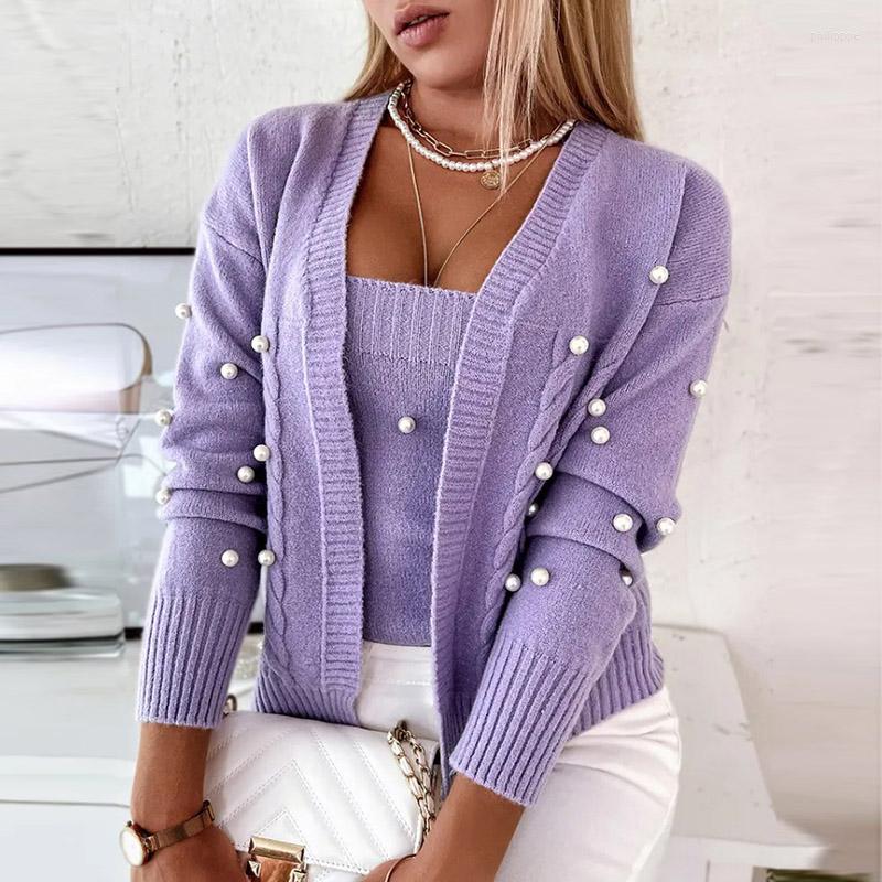 

Women' Knits 2022 Fashion Pearl Decorate Sweaters Coats Autumn Women Solid Knitted Sling Tank Top With Cardigan Sweater Two Piece Set, 01 white