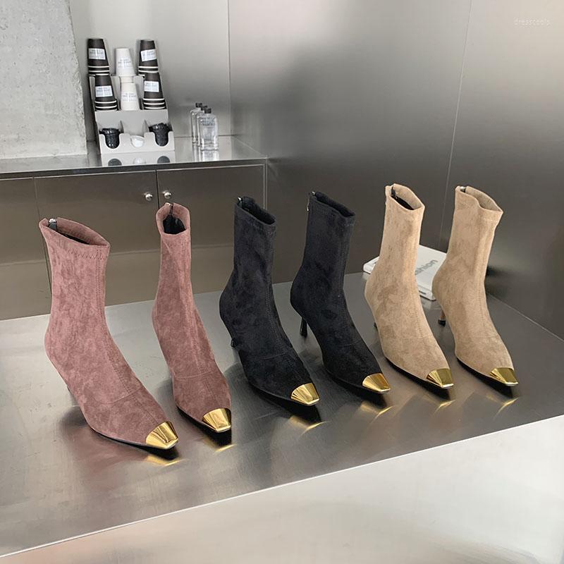 

Boots Fashion Women Ankle Mixed Color Black Beige Brown Sock Booties Slip On Stretch Shoes Thin High Heels 39