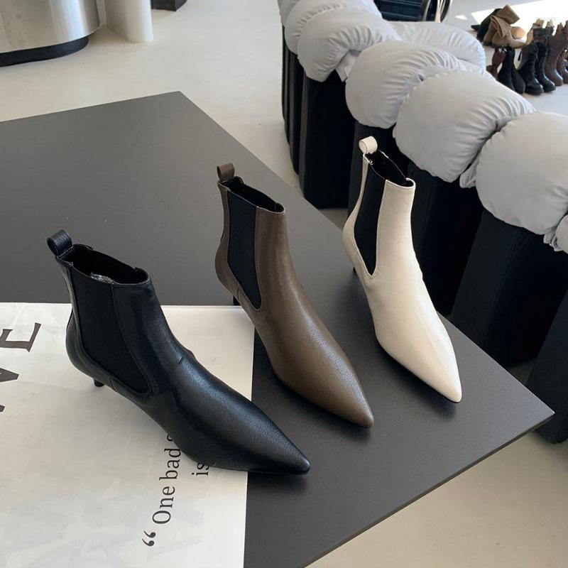 

Boots Pointed Toe Women Ankle 2022 Arrivals Elastic Band Slip On Thin Mid Heels Sock Booties Party Pumps Black Brown Beige