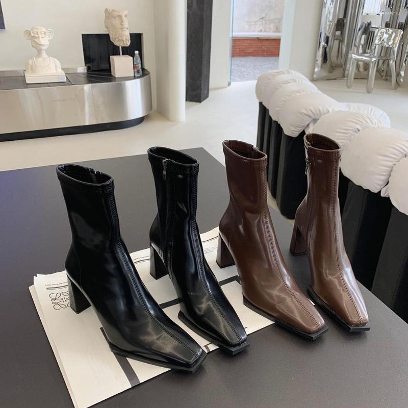 

Boots Fashion Women Ankle Square Toe Thick High Heels Back Zipper Stretch Shoes Ladies Party Pumps Black Brown Size 35-39