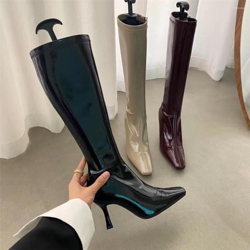

Boots Square Toe Women Knee High Patent Leather Back Zipper Knight Fashion Dress Shoes Woman Thin Heels Pumps, Black