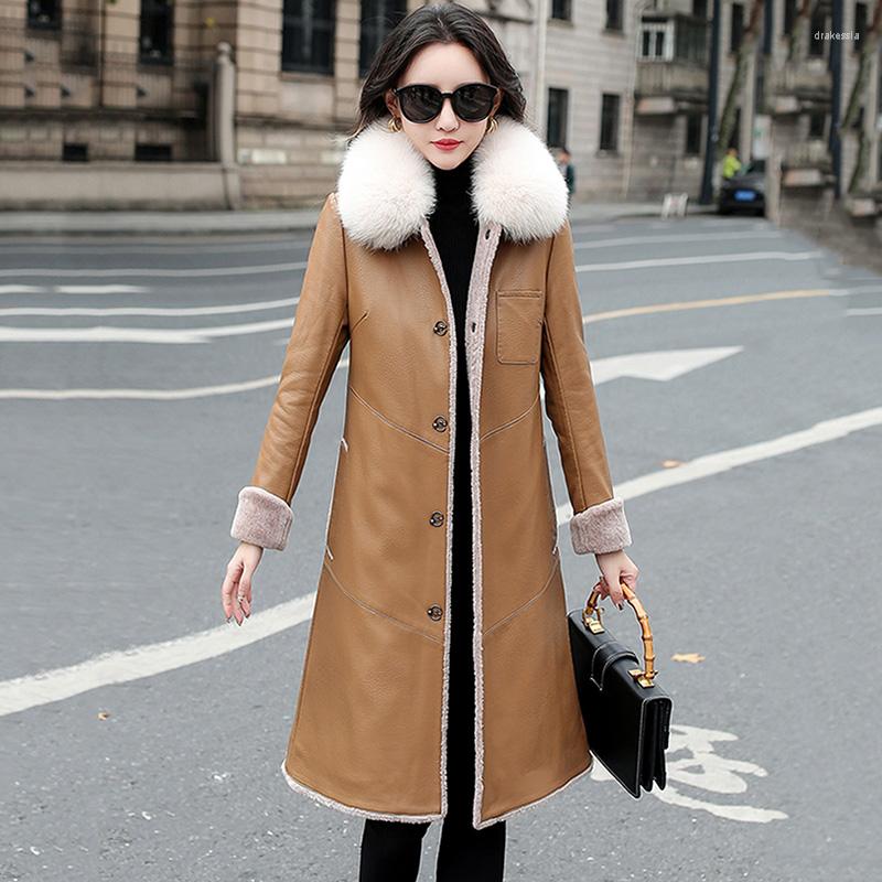 

Women's Leather Women Coat Autumn Winter 2022 Real Fur Collar Double-faced Down Liner Sheepskin Thick Jacket, Black