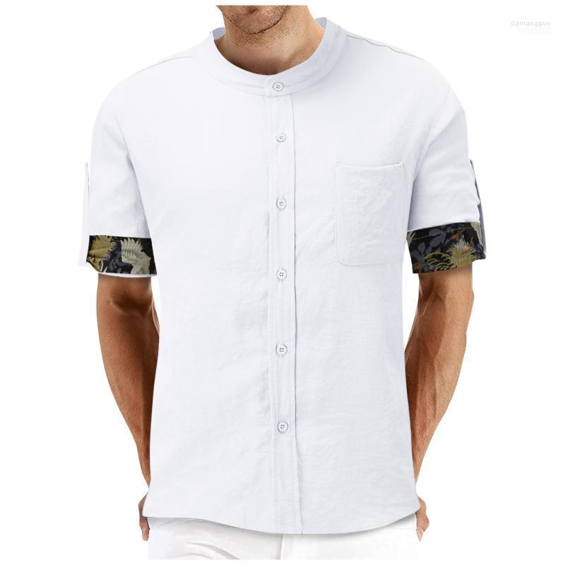 

Men's Casual Shirts Men's Solid Bird Print Three Quarter Sleeve Shirt Stand Collar High Quality Loose Streetwear, Gn