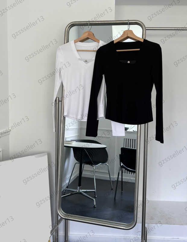 

T-Shirts Tops Womens Clothes Metal Buckle Decoration Base Round Neck Pullover T-Shirt Stretch Cotton Fabric Curved Line Design Undershirt Women Clothing 2 Colors 197, 3 white