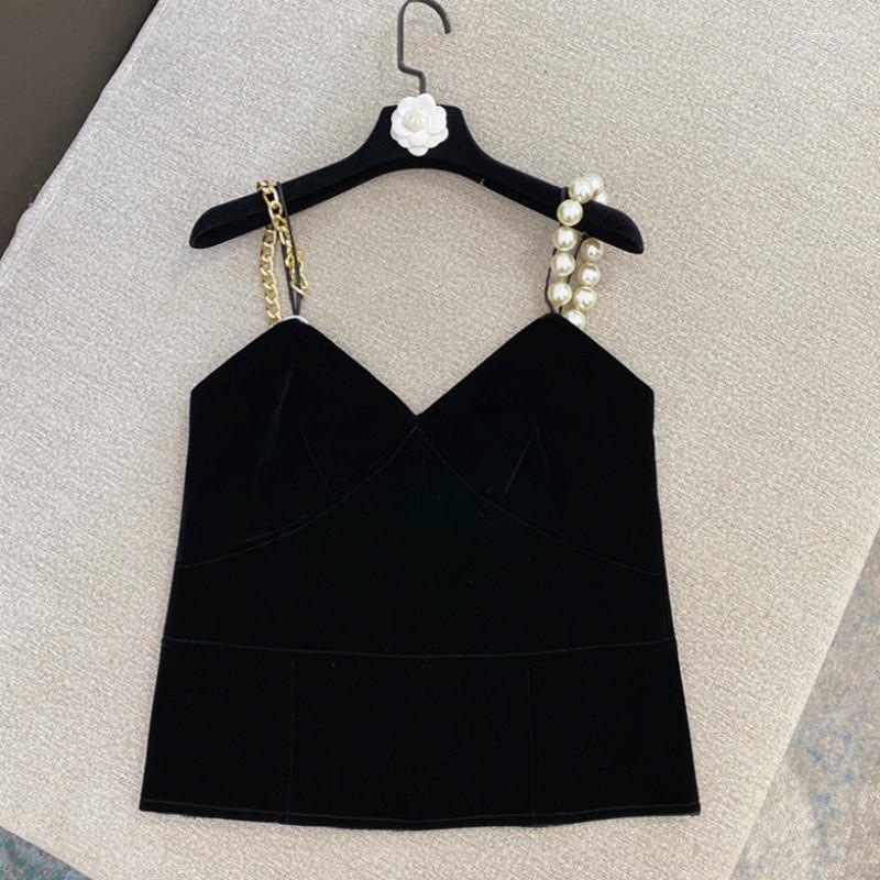 

Women' Tanks Sexy Top Women' Pearl Gold Chain Shoulder Strap Black Slimming Velvet Vest Camisole Tank