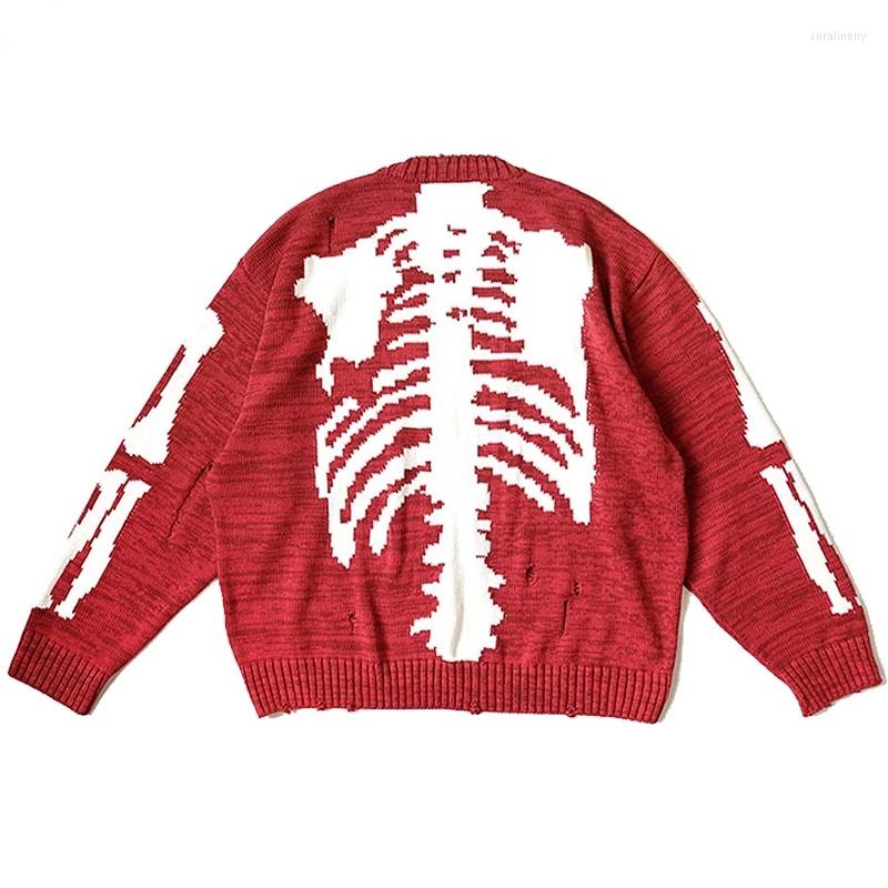 

Men' Sweaters Men Oversized Sweater Red Loose Skeleton Bone Printed Pullover Woman Harajuku High Street Damage Hole Vintage Knitted