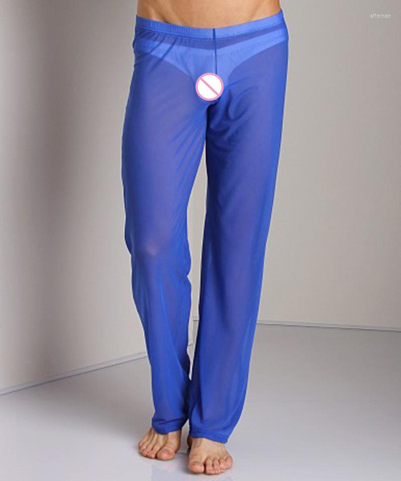 

Men's Sleepwear Men Casual Mesh Pajamas Ultra-thin See Though Pants Tranparent Long Sexy Trousers Through, Red