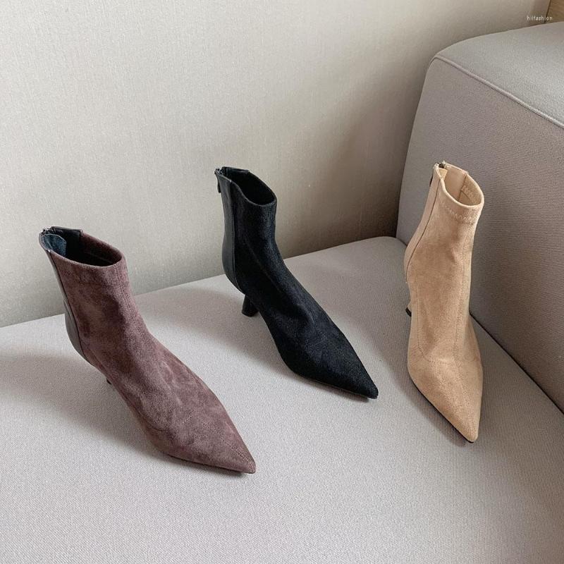 

Boots Flock Women Ankle Pointed Toe Stretch Shoes Thin High Heels Black Beige Brown Back Zipper Fashion Ladies Winter Booties 39