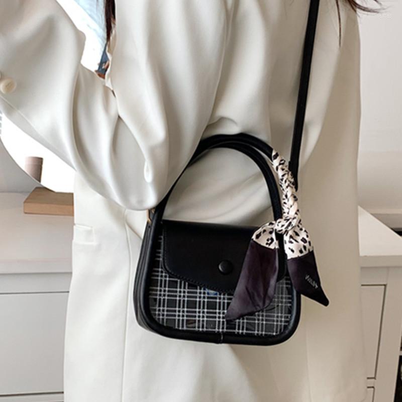 

Evening Bags Silk Scarf Shoulder Bag For Women Small Flap Leather Crossbody Casual Design Handbags Female Simple Plaid Messenger, Black