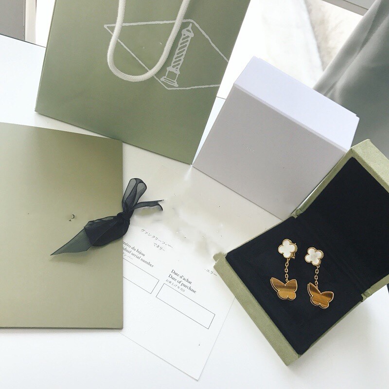 

Four Leaf Clover Dangle Earrings Butterfly Charm Tigher Eye Nature White Mother Of Pearl Yellow Gold Earrings For Women Jewelry With Box