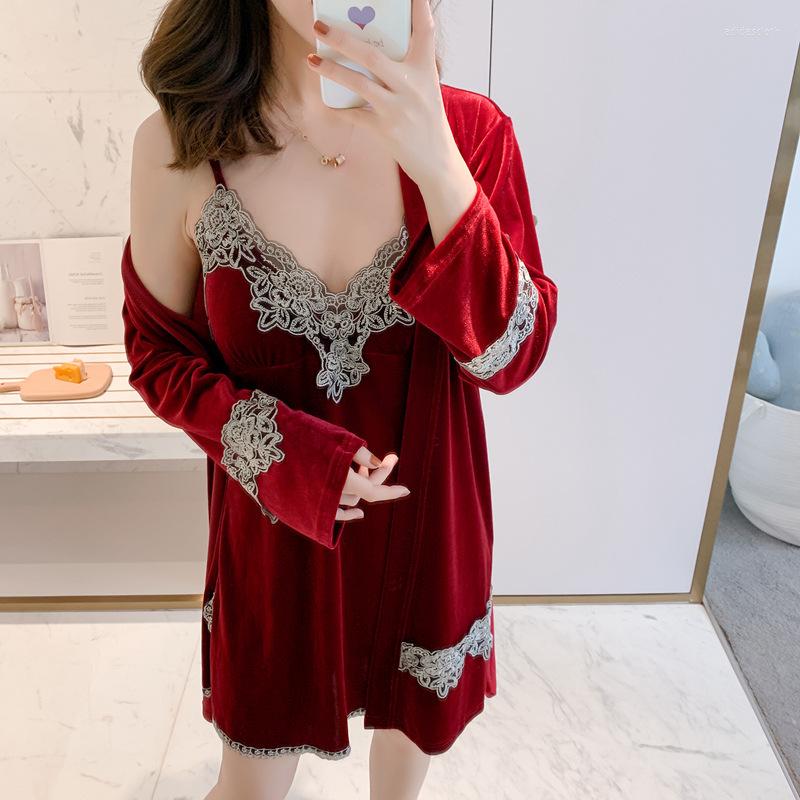 

Women's Sleepwear High Quality Fashion Sexy Gold Velvet Pajama Set Nightgown Bathrobe Women Home Sleep Tops Lace Embroidery Skirt Nightdress, Gray blue set