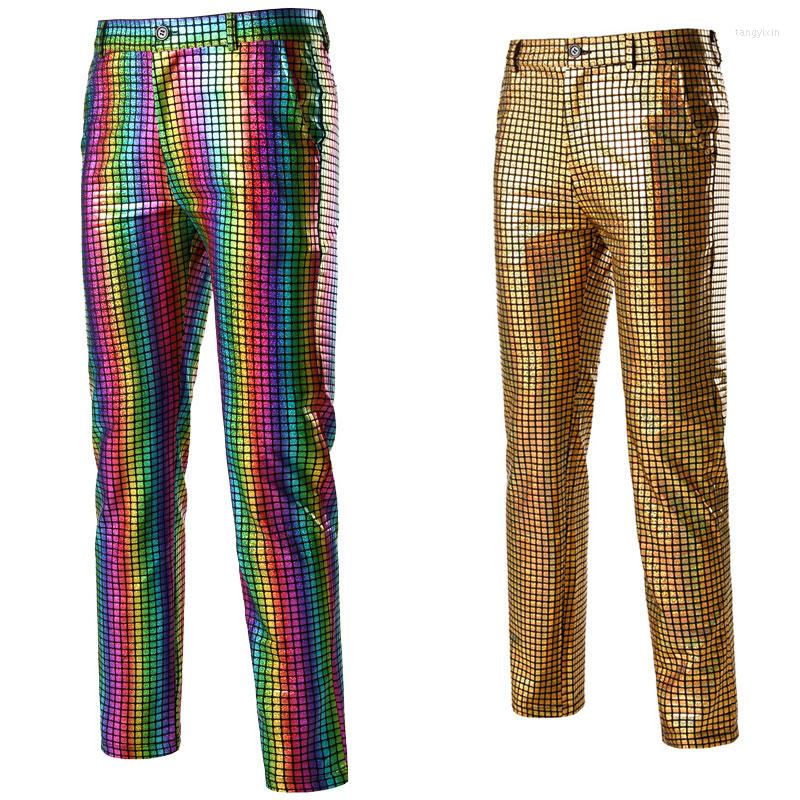 

Men' Pants Shiny Gold Rainbow Sequin Plaid Trousers Men Disco Nightclub Stage Prom Bling Christmas Party Dancer Singer Costume, Silver