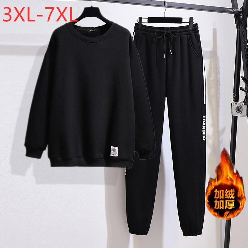 

Tracksuits Autumn Winter Plus Size Sports Sets For Women Large Black Velvet Thick Pullover And Pants Running Suits 3XL 4XL 5XL  7XL
