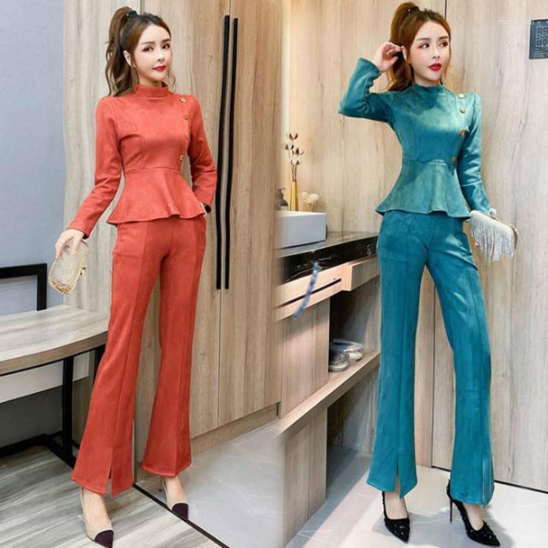 

Women' Two Piece Pants 2022 Women Autumn Winter Vintage OL Set Female Ruffles Button Tops High Waist Flare Pant Suit Lady Casual Solid 2, Green
