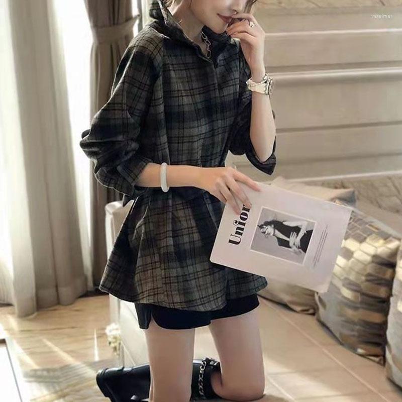 

Women' Blouses Spring Autumn Commute Fashion Button Plaid Shirt Korean All-match Turn-down Collar Bandage Thick Blouse Women' Clothing, Lattice