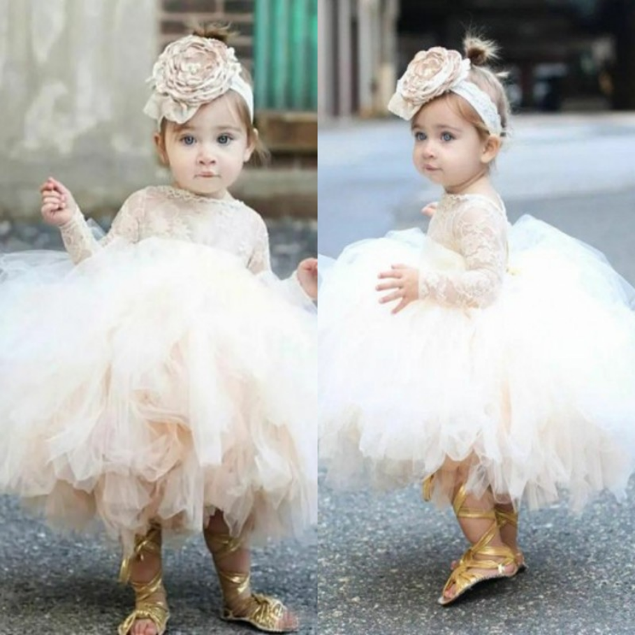 

Cute Toddler Puffy Ball Gown Flower Girl Dresses Lace Top Bodice Long Sleeves Tulle Ivory Tutu First Communion Dresses MC3010, Same as image
