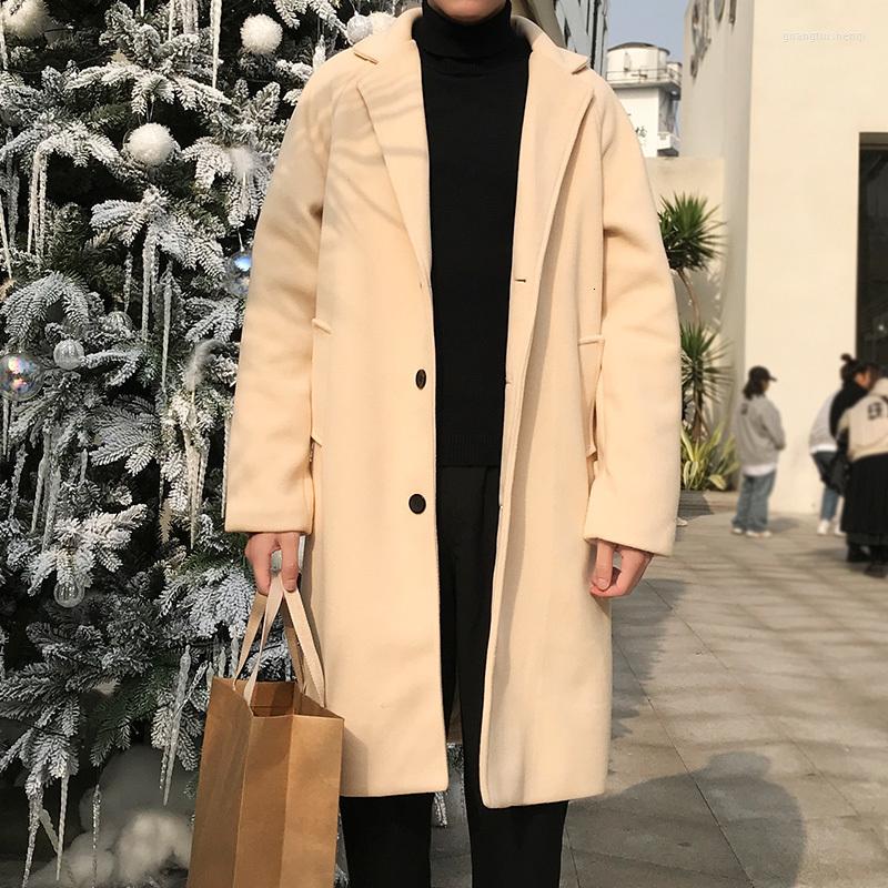 

Men's Wool Autumn Long Woolen Coat Men's Fashion Solid Color Casual V-neck Jacket Man Streetwear Wild Loose British Style Overcoat, Beige n1079