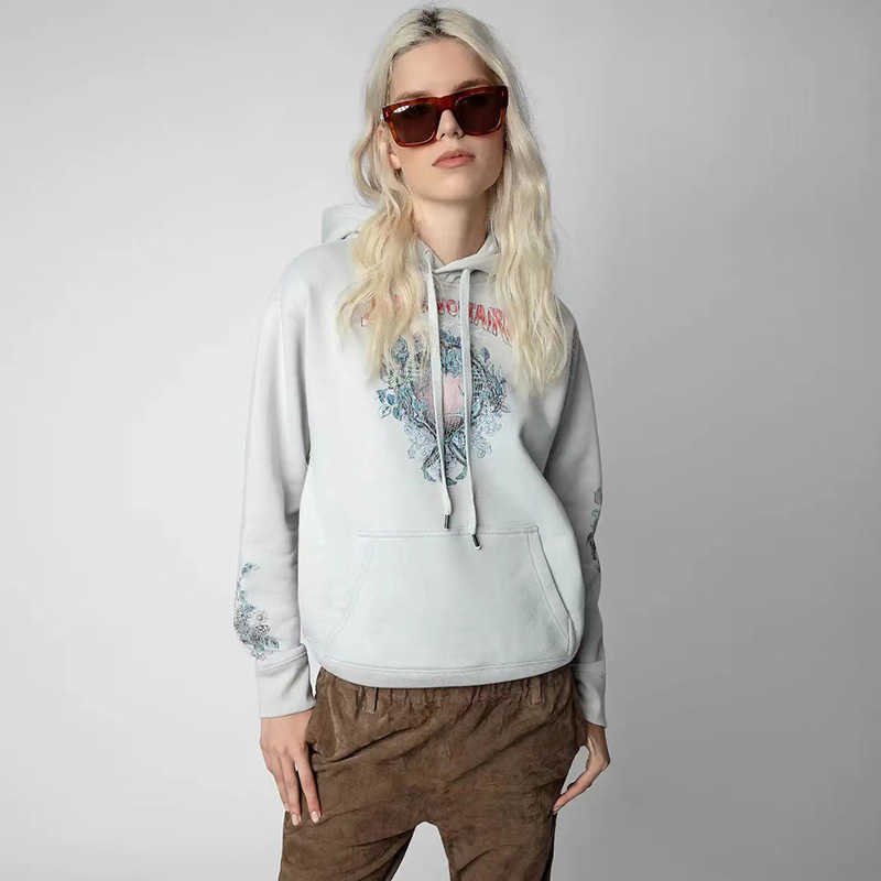 

Zadig Voltaire Women Designer Hoodies Love Skull Flower White Ink Digital Print Fleece Hooded Sweatshirt Pullover Sweater, Gray