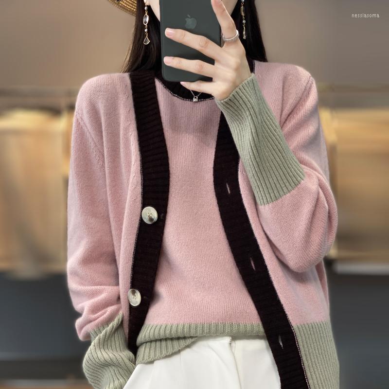 

Women' Knits Autumn And Winter V-neck Cardigan Round Neck Vest Two-piece Set 100 Wool Color Matching Sweater Long Sleeve Suit, Beige