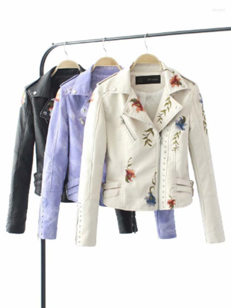 

Women' Leather Floral Embroidery Faux Soft Jacket Women Streetwear Coat Turndown Collar Pu Moto Biker Black Punk Outerwear, Beige