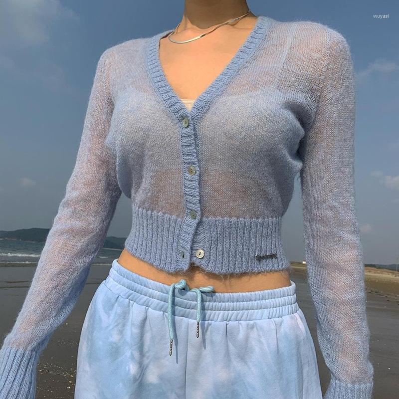 

Women' Knits Spring And Summer V-neck Knitted Cardigan Sweater Women' Long-sleeved Thin Section Micro-transparent Top Sunscreen, Sky blue
