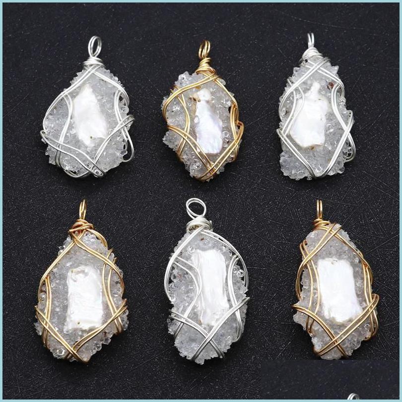 

Pendant Necklaces Natural White Crystal Resin Wrapped Freshwater Pearl Irregar Wrap Sierstone For Otg2E
