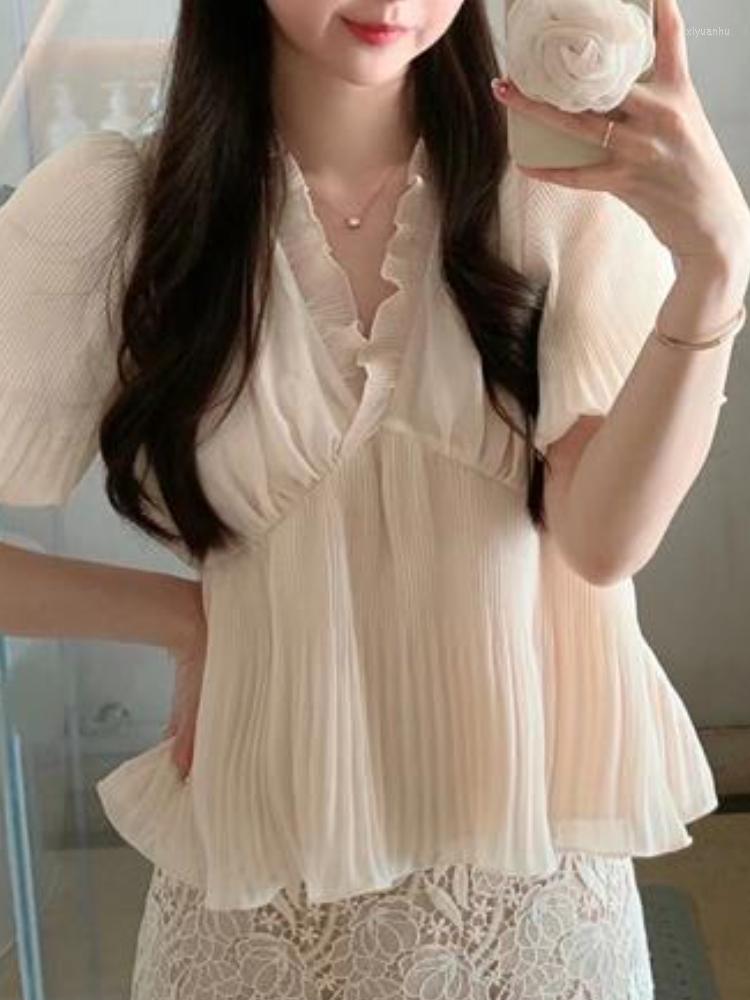 

Women' Blouses Summer Lace Cute Women Chiffon Draped Chic Female Korean Fashion Patchwork Ruched Loose Sweet Party 2022, Beige