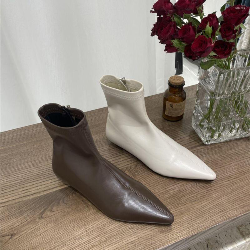 

Boots Pointed Toe Women Ankle Sock Booties Black Khaki Beige Brown Flat Low Heels Side Zipper Solid Color Dress Shoes Woman Size 35-39