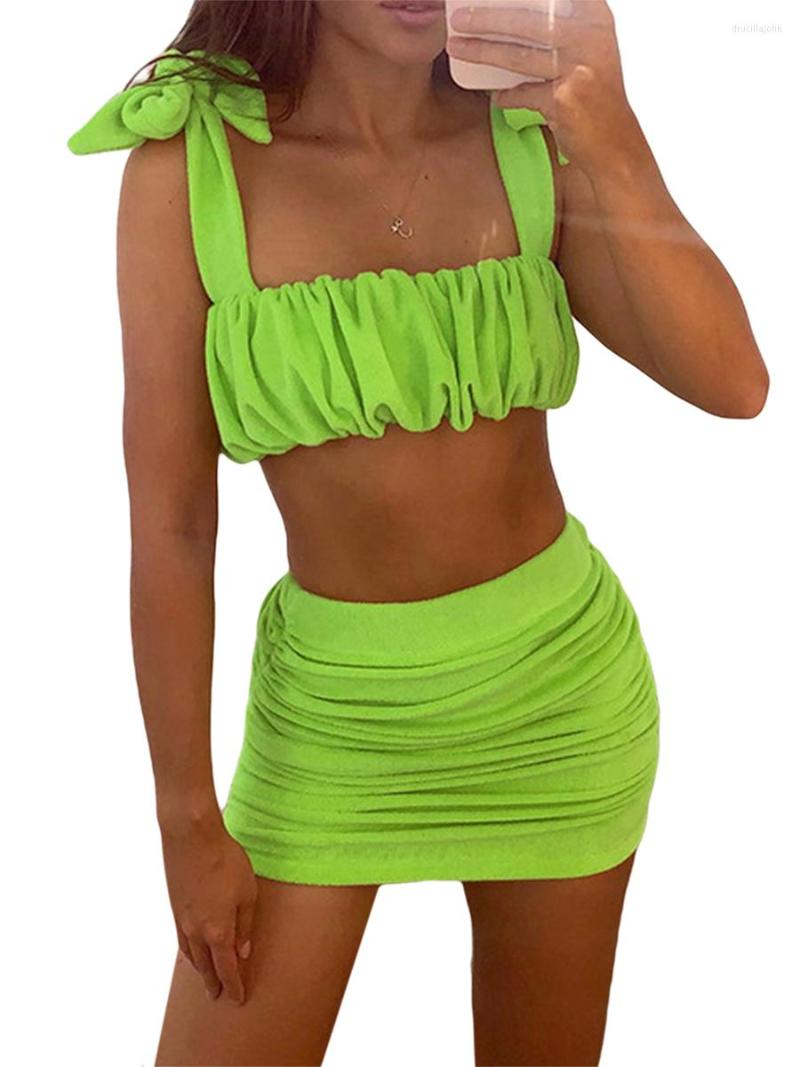 

Work Dresses 2pcs Women Skirt Suit Solid Color Pleated Ruched Sides Strap Sling Cami High Waist Bodycon Summer Sets, Blue