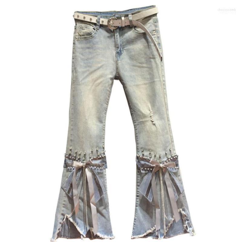 

Women' Jeans Women' High Waist Frayed Cropped Women 2022 Spring Irregular Beaded Heavy Craft Flared Pants, As photo