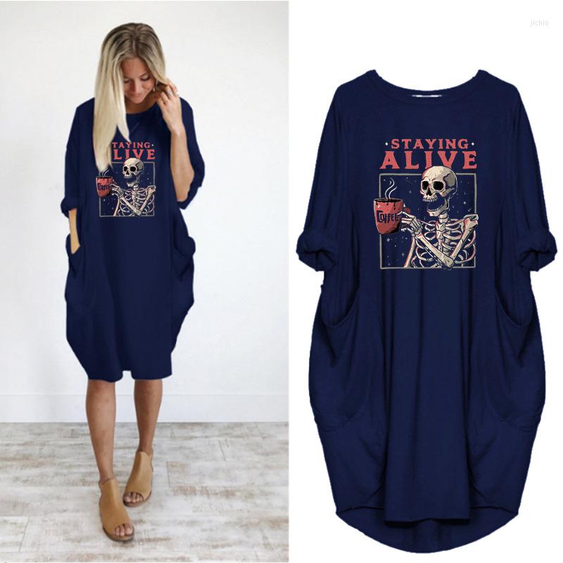 

Casual Dresses Skull Woman Dress Long Sleeves Eelegant Vintage Autumn O Neck Loose Robe Femme Fashion Sundresses Women Clothing, D002 gray