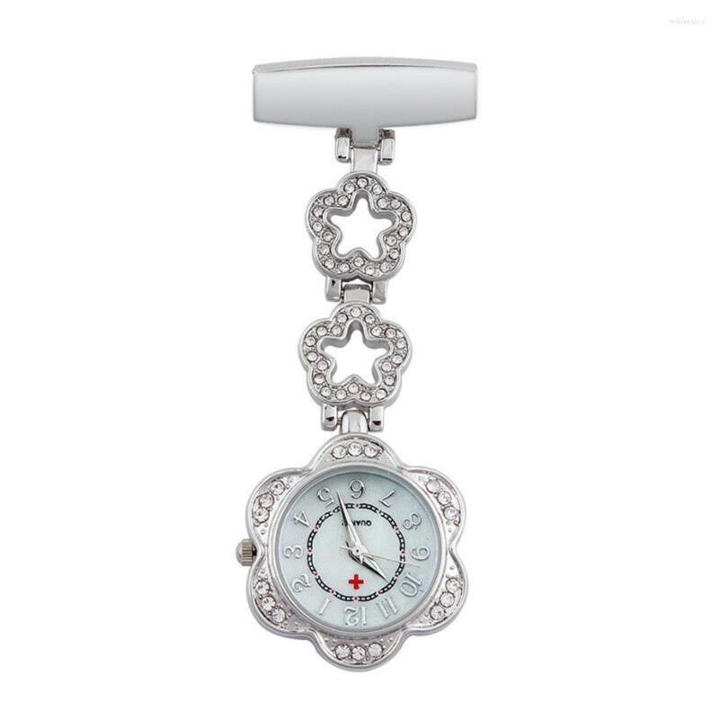 

Pocket Watches Portable Clip-on Quartz Watch Crystal Alloy Hollow Star Heart Shape Brooch Fob Hanging Pin Clock, Silver