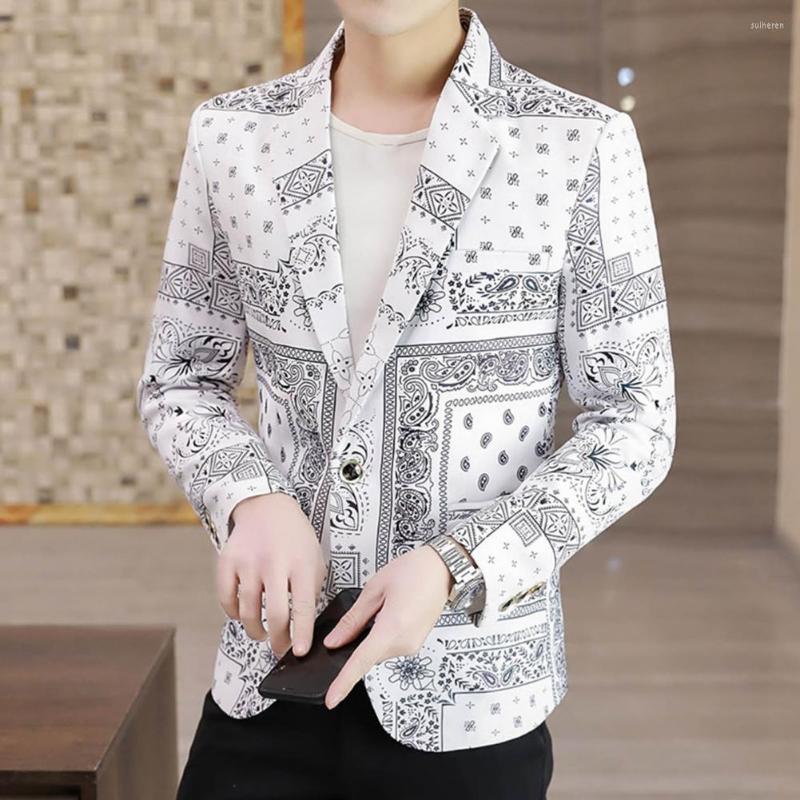 

Men's Suits Spring Autumn Men Blazer Fashion Print Turndown Collar One Button Slim Fit Korean Style Suit Jacket Long Sleeves, Black