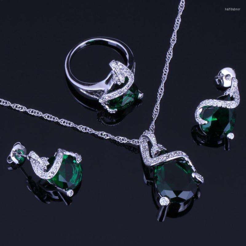 

Necklace Earrings Set Delightful Green Cubic Zirconia Silver Plated Pendant Chain Ring V0236, Picture shown