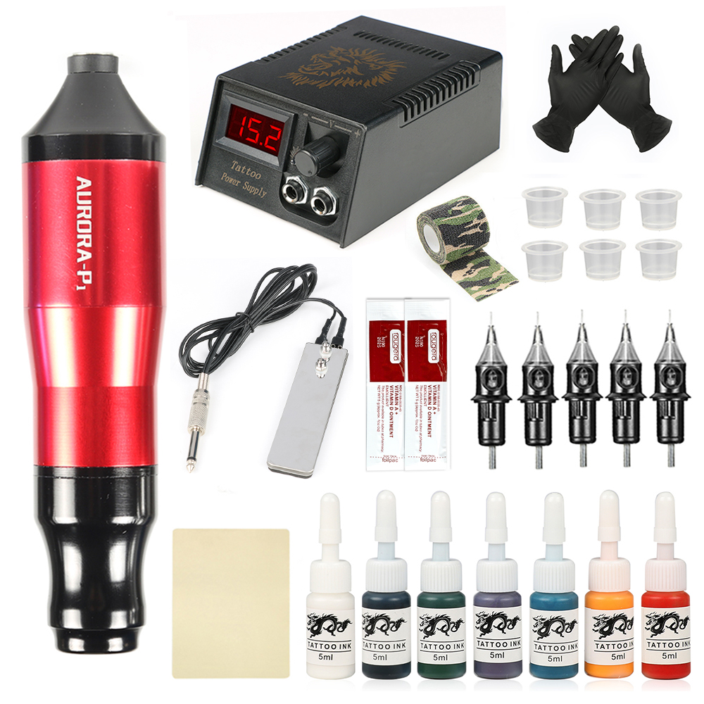 Aurora-P1 Pro Tattoo Machine Set Rotary Tattoo Pen Power Supply With Cartridges Needles Gun Kit Complete-image-814044427